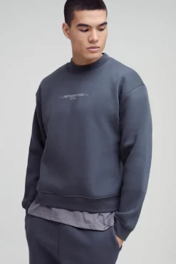 Online boohooMAN 330GSM Oversized Boxy Extended Neck Limited high Build Print Sweatshirt charcoal