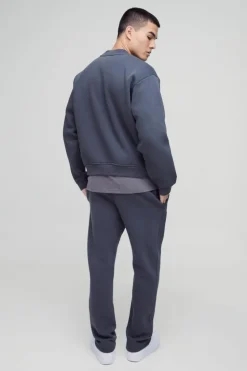 Online boohooMAN 330GSM Oversized Boxy Extended Neck Limited high Build Print Sweatshirt charcoal