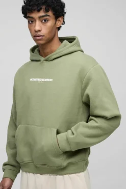 Shop boohooMAN 330GSM Oversized Boxy High Build Print Limited Hoodie olive