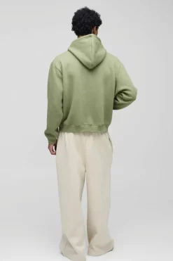 Shop boohooMAN 330GSM Oversized Boxy High Build Print Limited Hoodie olive