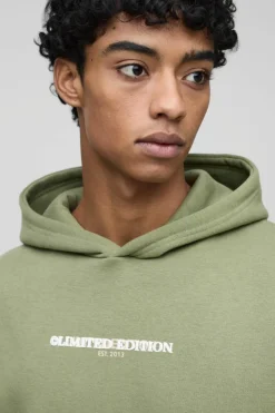 Shop boohooMAN 330GSM Oversized Boxy High Build Print Limited Hoodie olive