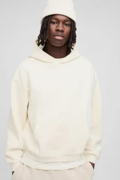 Clearance boohooMAN 330GSM Oversized Boxy M Flocked Hoodie ecru