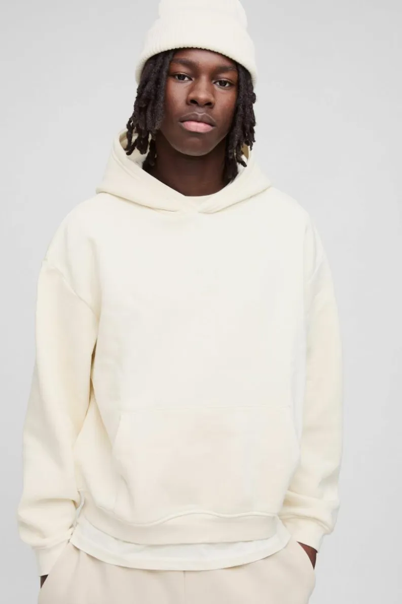 Clearance boohooMAN 330GSM Oversized Boxy M Flocked Hoodie ecru