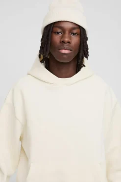 Clearance boohooMAN 330GSM Oversized Boxy M Flocked Hoodie ecru