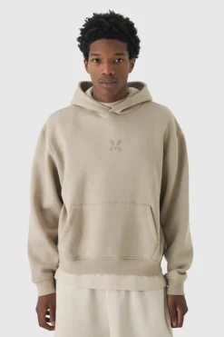 New boohooMAN 330GSM Oversized Boxy M Flocked Hoodie taupe