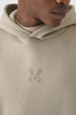 New boohooMAN 330GSM Oversized Boxy M Flocked Hoodie taupe
