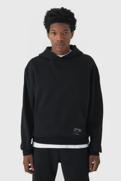 Outlet boohooMAN 330GSM Oversized Boxy Over The Head Hoodie With Woven Branding black