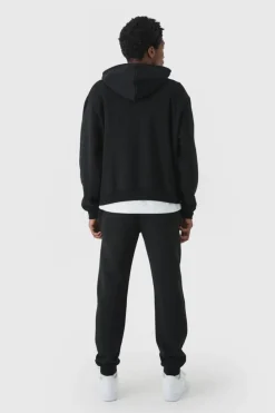 Outlet boohooMAN 330GSM Oversized Boxy Over The Head Hoodie With Woven Branding black