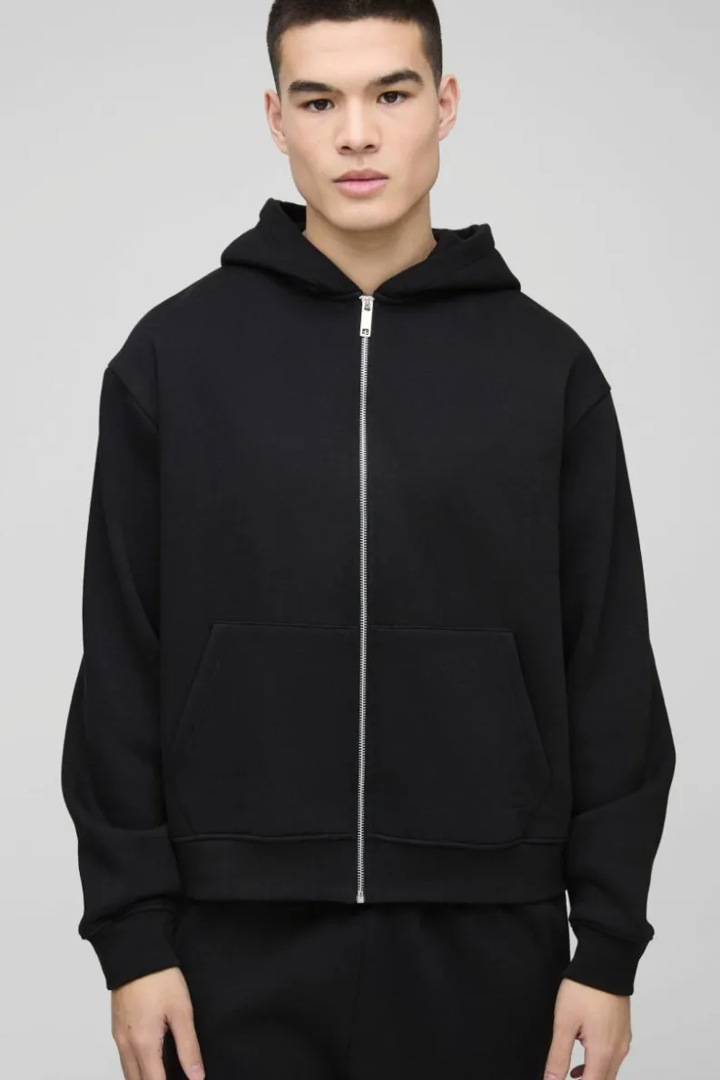 Flash Sale boohooMAN 330GSM Oversized Boxy Zip Through Hoodie black