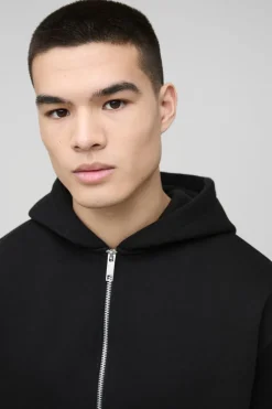 Flash Sale boohooMAN 330GSM Oversized Boxy Zip Through Hoodie black