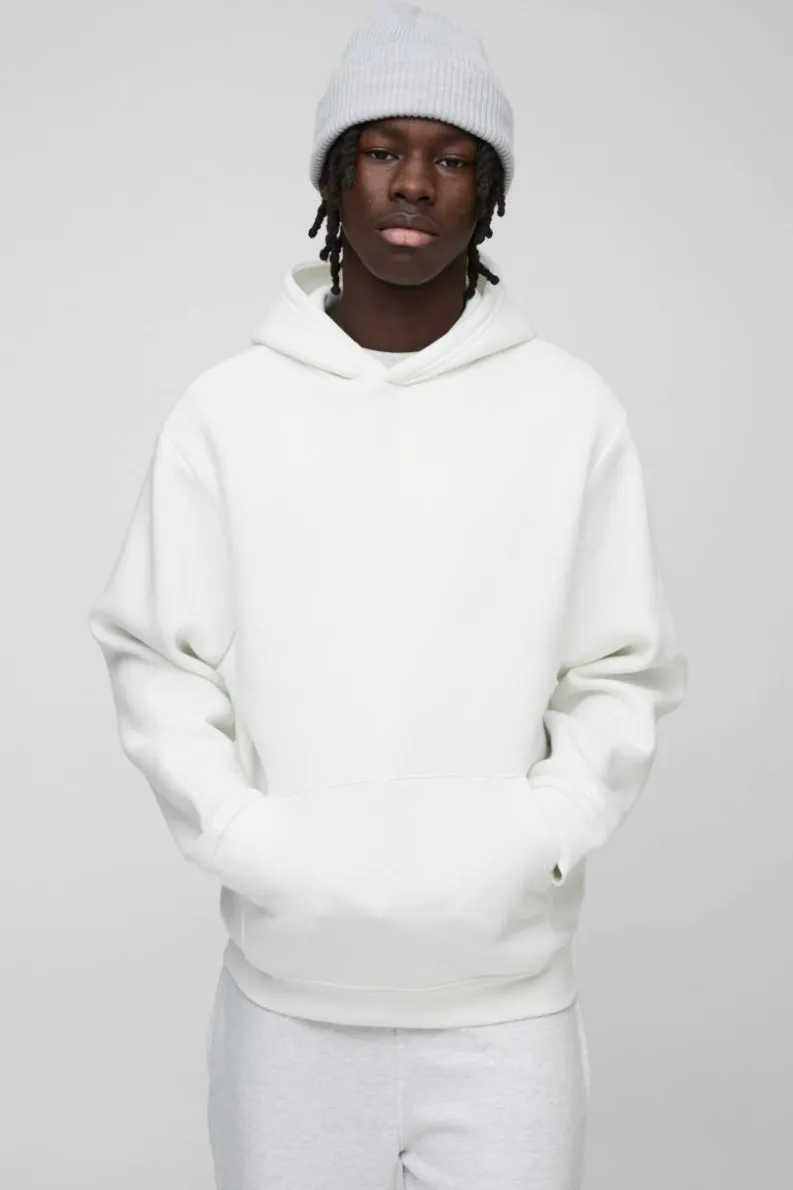Shop boohooMAN 330GSM Over The Head Basic Hoodie white