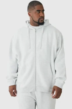 Clearance boohooMAN 330GSM Plus Oversized Fit Zip Through Hoodie in grey marl