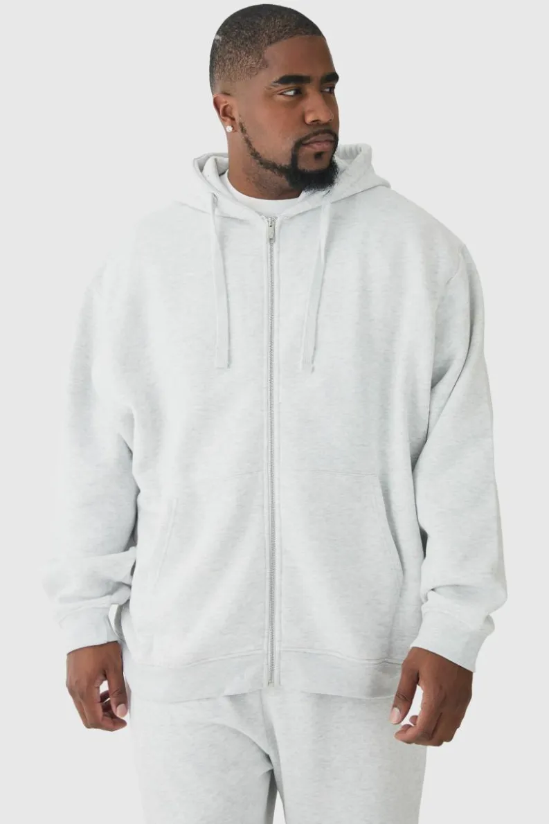 Clearance boohooMAN 330GSM Plus Oversized Fit Zip Through Hoodie in grey marl