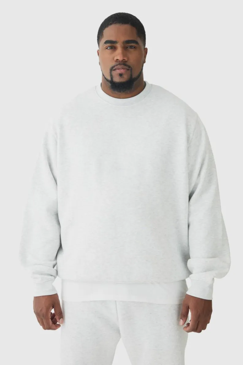 Best Sale boohooMAN 330GSM Plus Regular Fit Crew Neck Sweatshirt In grey marl