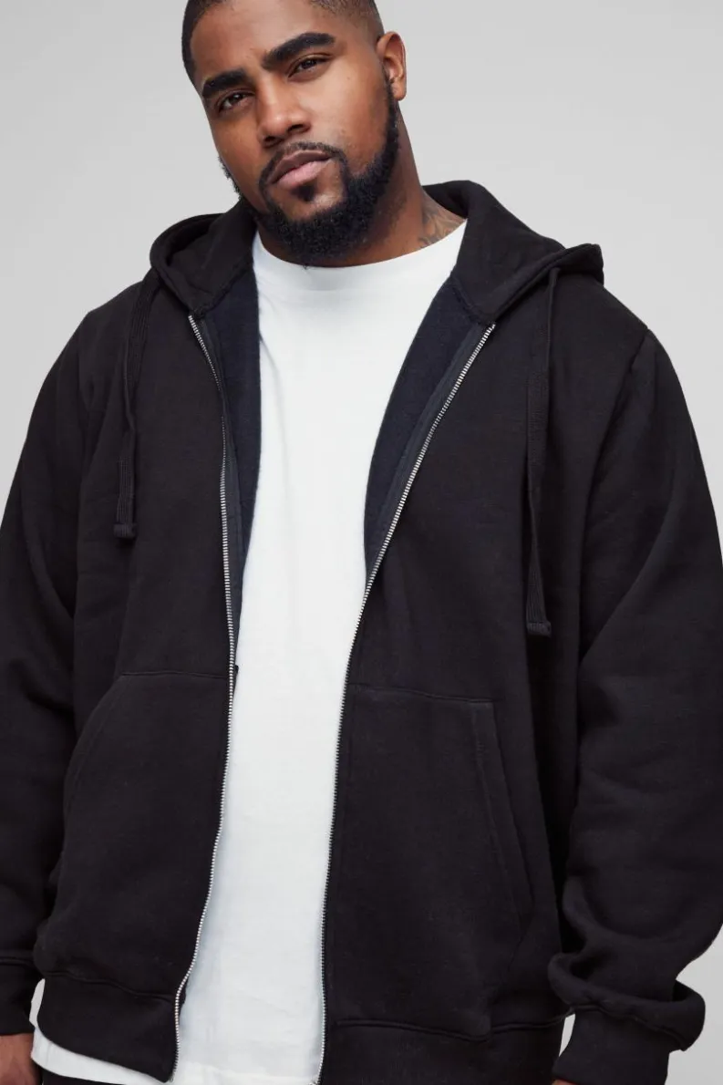 Discount boohooMAN 330GSM Plus Regular Fit Zip Through Hoodie in black