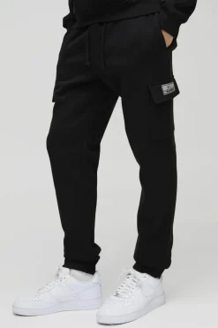 Clearance boohooMAN 330GSM Slim Fit BM Signature Label Cargo Jogger black