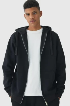 Store boohooMAN 330GSM Tall Regular Fit Zip Through Hoodie in black
