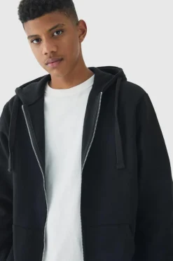 Store boohooMAN 330GSM Tall Regular Fit Zip Through Hoodie in black