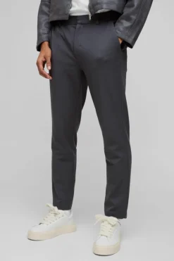 Outlet boohooMAN Half Elastic Waistband Stretch Tapered Tailored Trouser in charcoal
