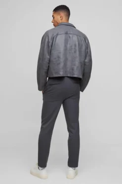 Outlet boohooMAN Half Elastic Waistband Stretch Tapered Tailored Trouser in charcoal