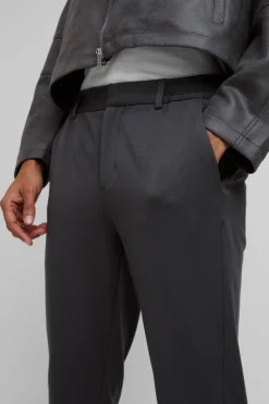 Outlet boohooMAN Half Elastic Waistband Stretch Tapered Tailored Trouser in charcoal