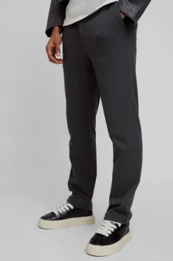 Shop boohooMAN Half Elastic Waistband Stretch Straight Tailored Trouser in charcoal