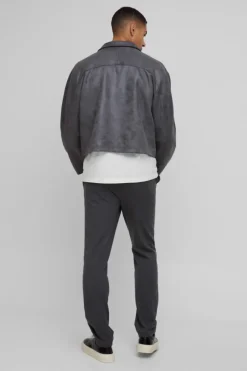 Shop boohooMAN Half Elastic Waistband Stretch Straight Tailored Trouser in charcoal