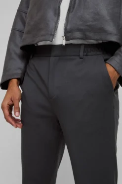 Shop boohooMAN Half Elastic Waistband Stretch Straight Tailored Trouser in charcoal