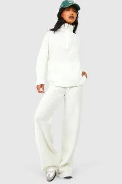 Best Sale boohoo Half Zip Funnel Neck And Wide Leg Trouser Knitted Tracksuit cream