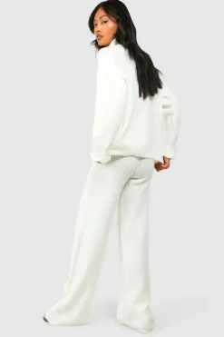 Best Sale boohoo Half Zip Funnel Neck And Wide Leg Trouser Knitted Tracksuit cream