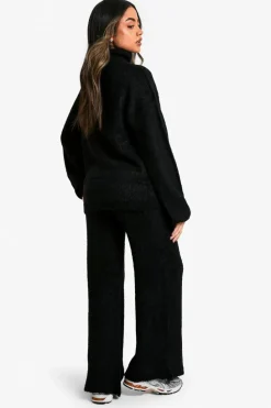 Flash Sale boohoo Half Zip Oversized Jumper And Wide Leg Trouser Borg Knit Co-ord black