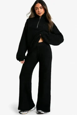 Flash Sale boohoo Half Zip Oversized Jumper And Wide Leg Trouser Borg Knit Co-ord black