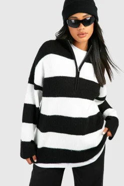 Cheap boohoo Half Zip Soft Knit Stripe Jumper black