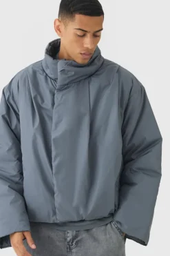 Fashion boohooMAN Heavy Padded Funnel Neck Coat In slate