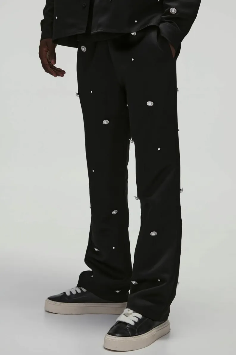 Best Sale boohooMAN Heavy Satin Embellished Elasticated Waist Flared Trousers black