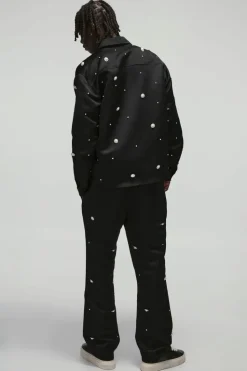 Best Sale boohooMAN Heavy Satin Embellished Elasticated Waist Flared Trousers black