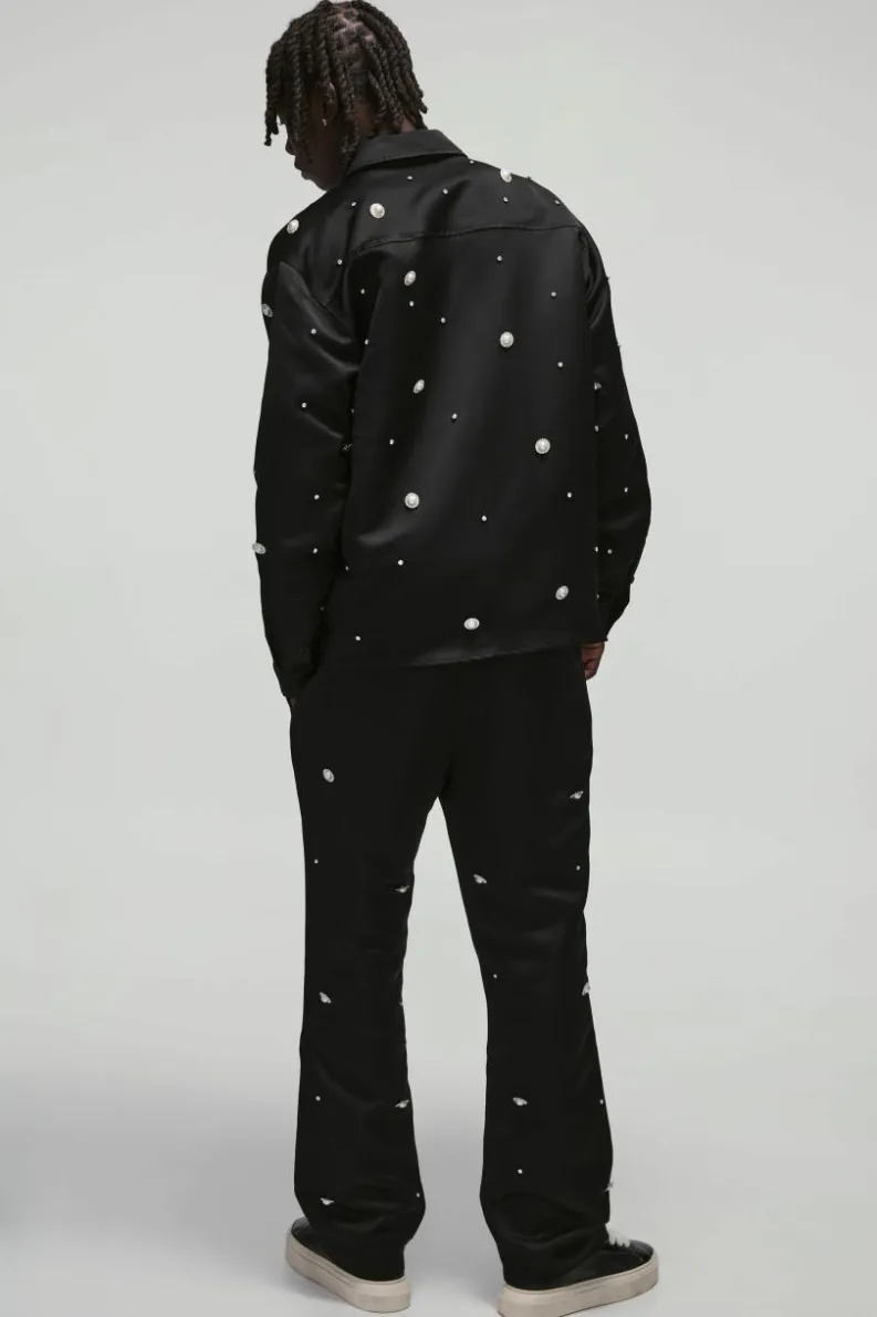 Best Sale boohooMAN Heavy Satin Embellished Elasticated Waist Flared Trousers black