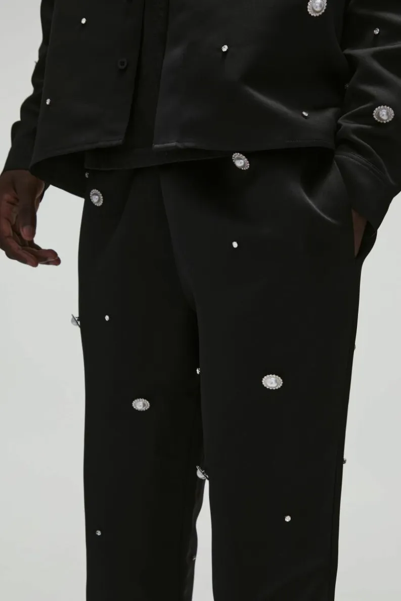 Best Sale boohooMAN Heavy Satin Embellished Elasticated Waist Flared Trousers black