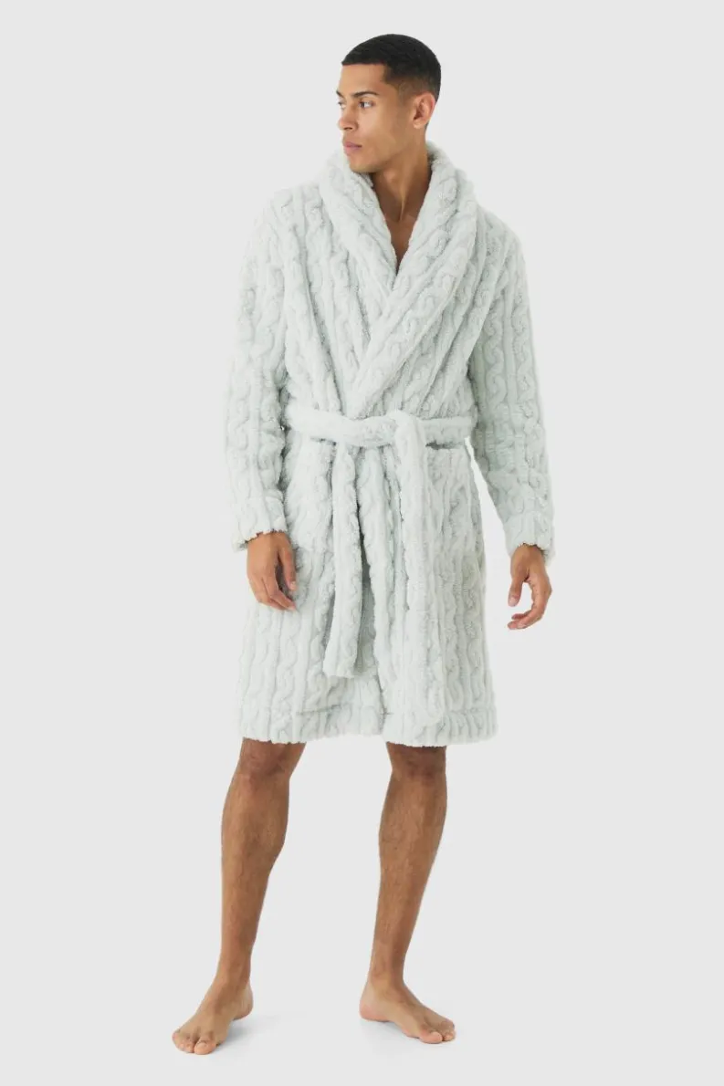 Cheap boohooMAN Heavyweight Cable Knit Fleece Robe grey