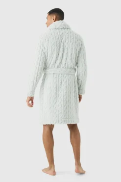 Cheap boohooMAN Heavyweight Cable Knit Fleece Robe grey