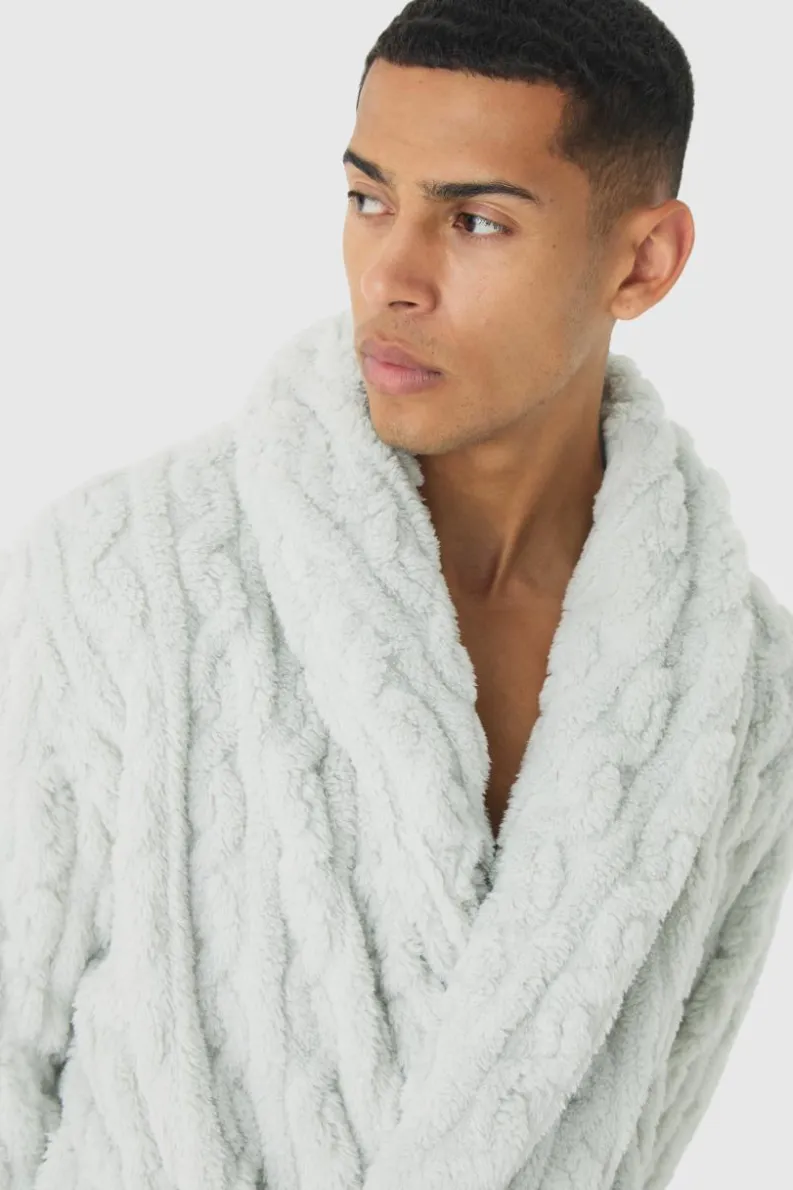 Cheap boohooMAN Heavyweight Cable Knit Fleece Robe grey