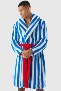 Shop boohooMAN Heavyweight Contrast Stripe Fleece Robe multi