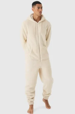 Cheap boohooMAN Heavyweight Hooded Fleece Onesie stone