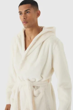 Clearance boohooMAN Heavyweight Hooded Fleece Robe beige