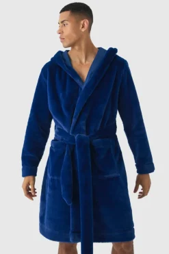 Sale boohooMAN Heavyweight Hooded Fleece Robe navy