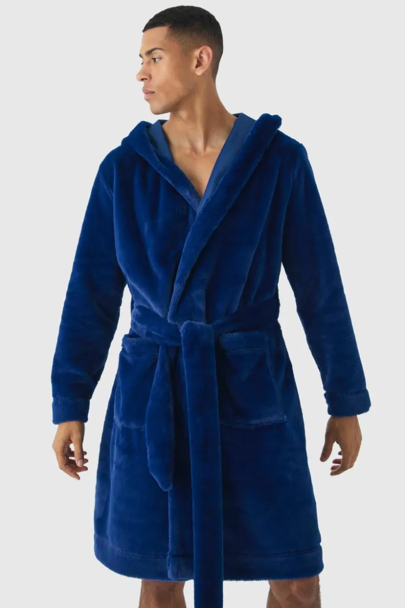 Sale boohooMAN Heavyweight Hooded Fleece Robe navy