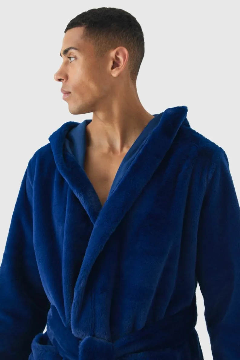 Sale boohooMAN Heavyweight Hooded Fleece Robe navy