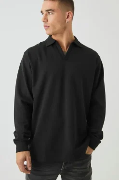 Best boohooMAN Heavyweight Interlock V Neck Polo black