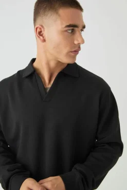 Best boohooMAN Heavyweight Interlock V Neck Polo black