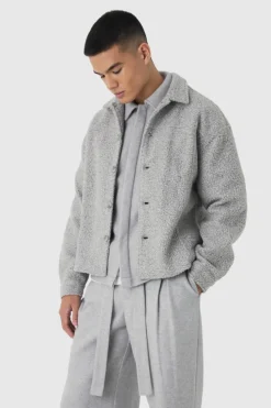 Best Sale boohooMAN Heavyweight Oversized Boucle Overshirt light grey